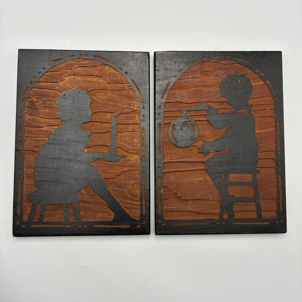 Vintage Etcht-Kraft Wood Silhouette Plaques W.P. Fuller & Co. Set of 2 Children